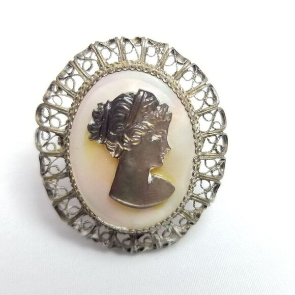 Vintage Cameo Brooch, 800 Grade Silver Filigree Frame, Mother of Pearl, Estate - Picture 2 of 7